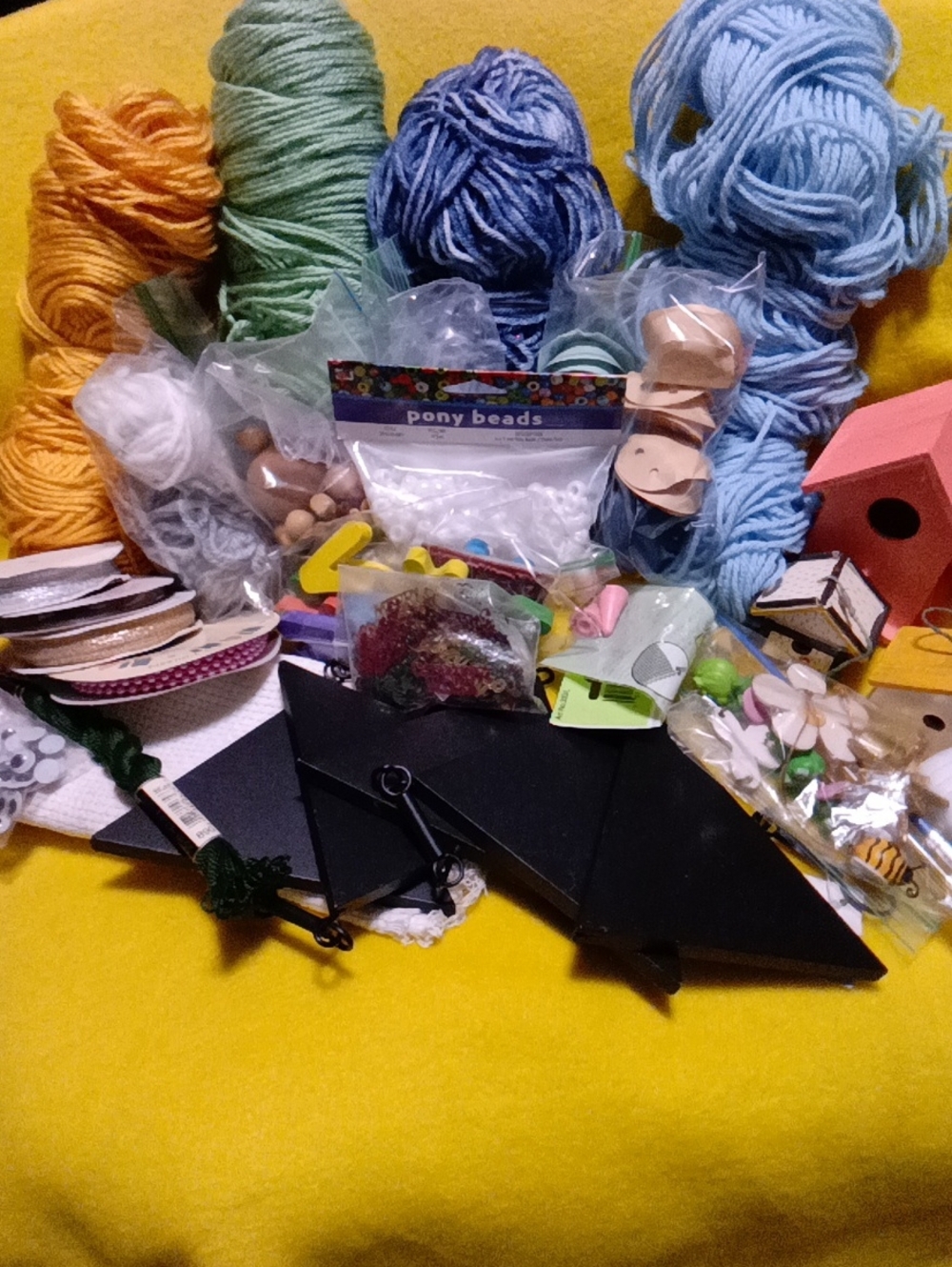 Assorted Craft Supplies Kit - Blue, Green, Yellow Yarn & Embellishments